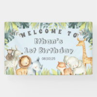 Jungle animals blue boy 1st birthday welcome sign