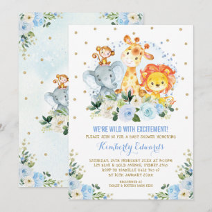 Jungle Animals Blue Gold Floral Safari Baby Shower Invitation