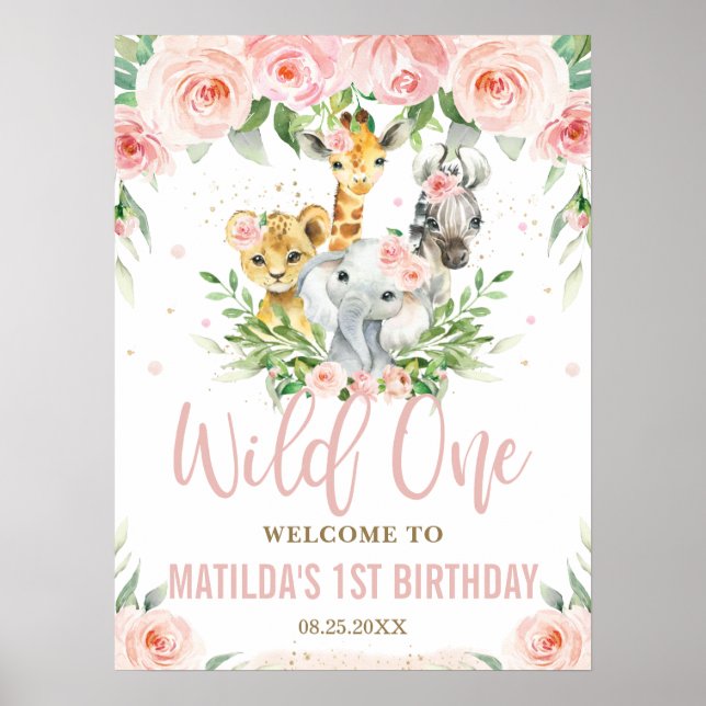 Jungle Animals Blush Floral Wild One 1st Welcome Poster (Front)