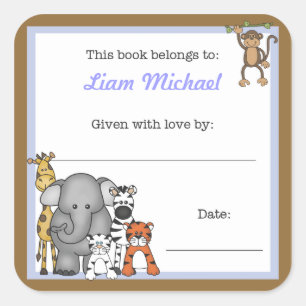Jungle Animals Book Plate Blue Boy BOOKPLATE Square Sticker