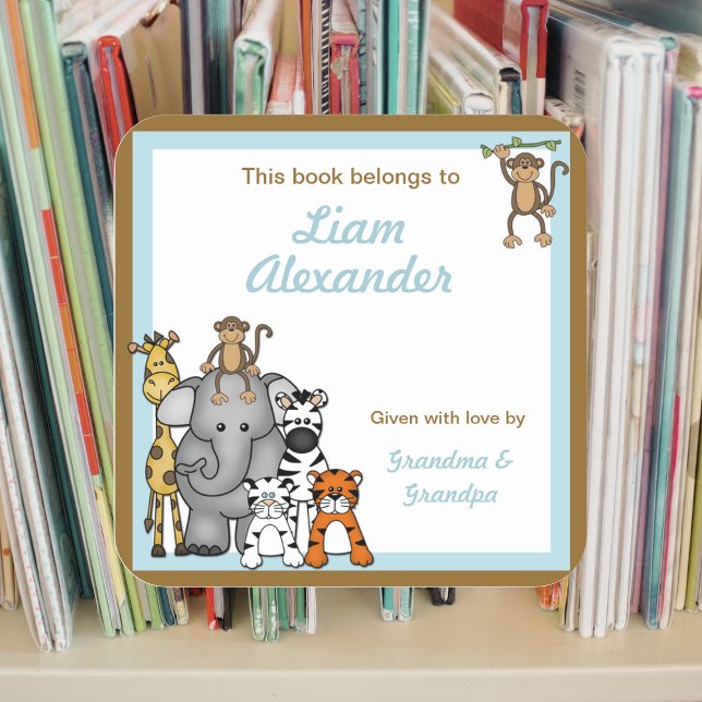 Jungle Animals Book Plates Blue Boy BOOKPLATE Square Sticker (Creator Uploaded)