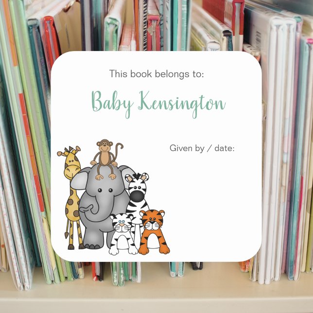 Jungle Animals Bookplate / book baby shower Square Sticker (Creator Uploaded)