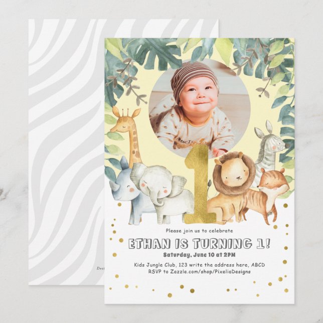 Jungle animals boy first birthday photo invitation (Front/Back)