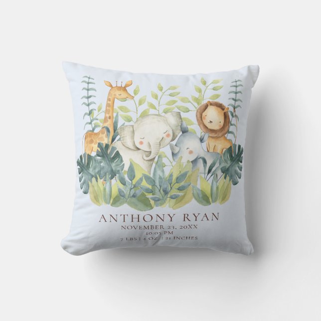 Jungle Animals  Boys Baby Birth Stats Pillow (Front)