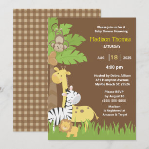   Jungle Animals Brown Safari  Boy Baby Shower Invitation