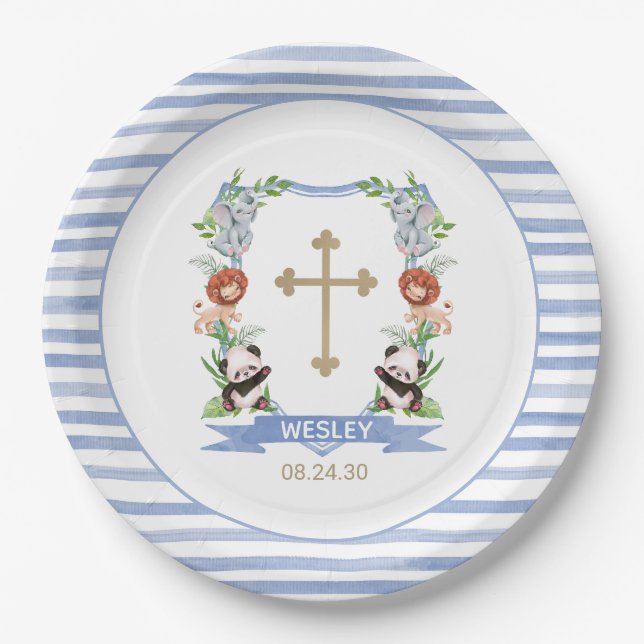 Jungle Animals Crest Boy Baptism Paper Plate (Front)