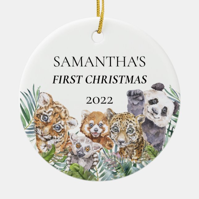 Jungle Animals Cute First Christmas Monogram  Ceramic Ornament (Front)