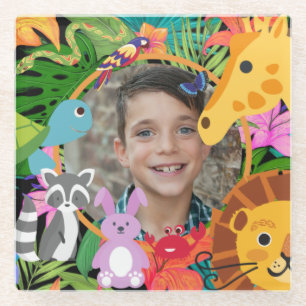 Jungle animals cute personalized kids  glass coaster