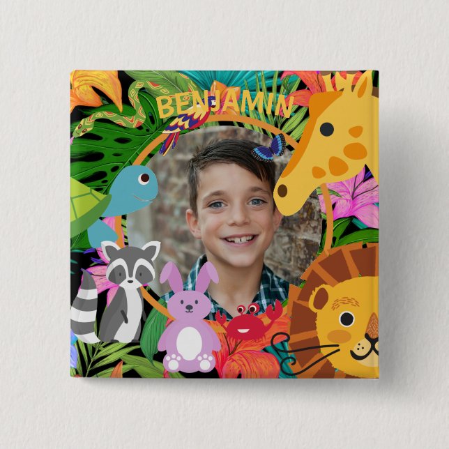 Jungle animals cute personalized kids photo  2 inch square button (Front)
