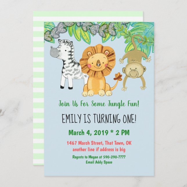Jungle Animals First Birthday Invitation (Front/Back)