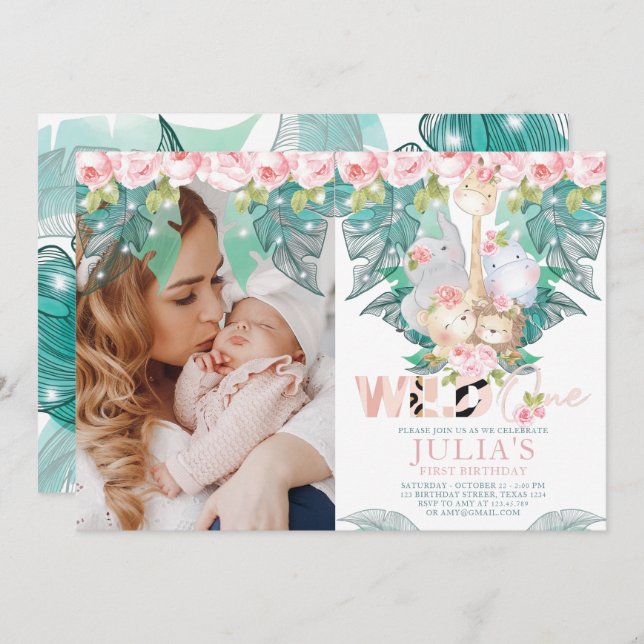 Jungle Animals First Birthday Photo Invitation (Front/Back)