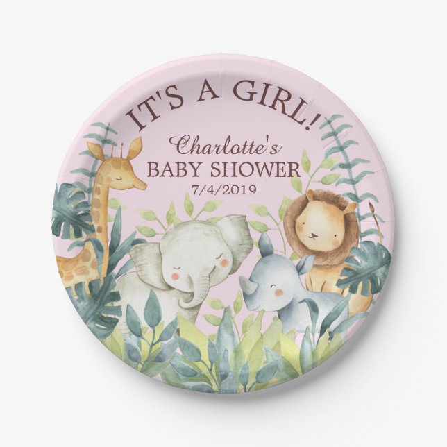 Jungle Animals Girls Baby Shower 7" Plate (Front)