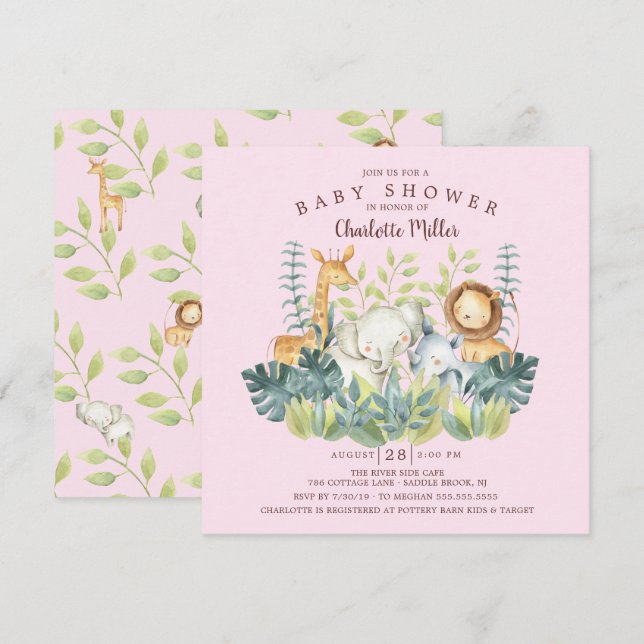 Jungle Animals Girls Baby Shower Invitation (Front/Back)