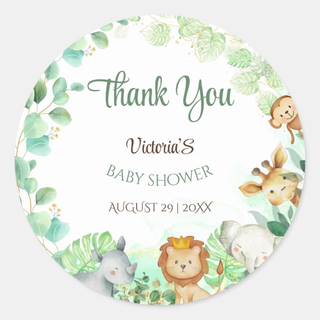 Jungle Animals Gold Botanica Baby Shower Classic Round Sticker (Front)
