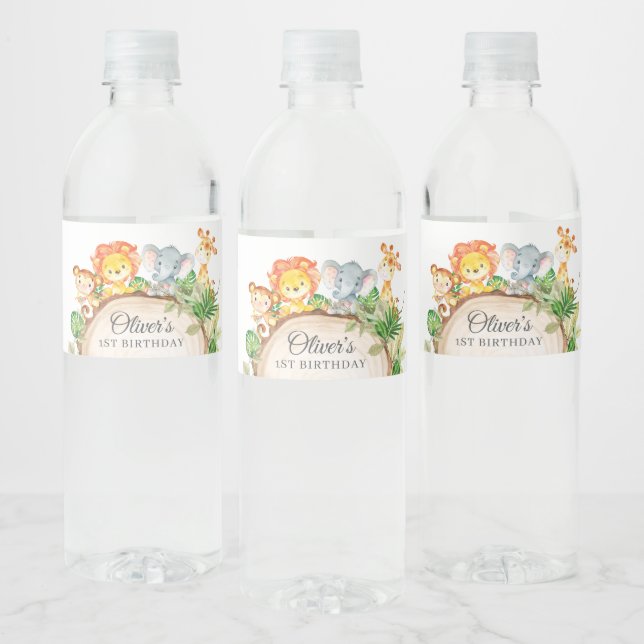 Jungle Animals Greenery 1st Birthday Baby Shower Water Bottle Label (Bottles)