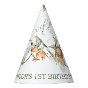 Jungle Animals Greenery 1st Birthday Boy Girl Party Hat