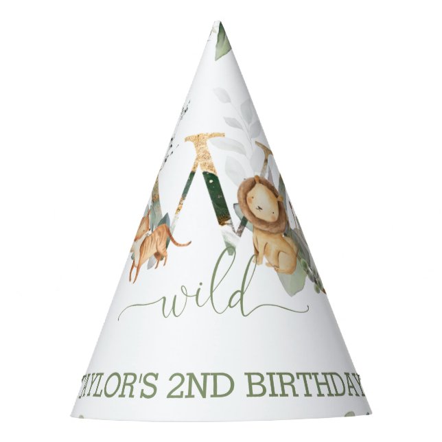 Jungle Animals Greenery 2nd Birthday Boy Girl Party Hat (Front)