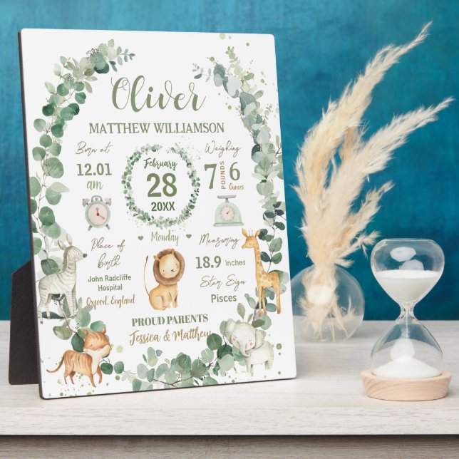 Jungle Animals Greenery Baby Birth Print Stats   Plaque (Side)