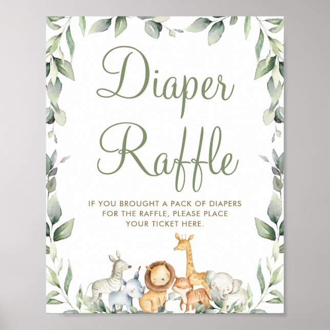 Jungle Animals Greenery Baby Shower Diaper Raffle  Poster (Front)