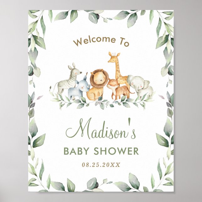 Jungle Animals Greenery Baby Shower Welcome Sign (Front)