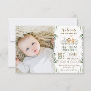 Jungle Animals Greenery New Baby Boy Photo Birth Announcement