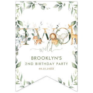 Jungle Animals Greenery Two Wild 2nd Birthday Bunting Flags