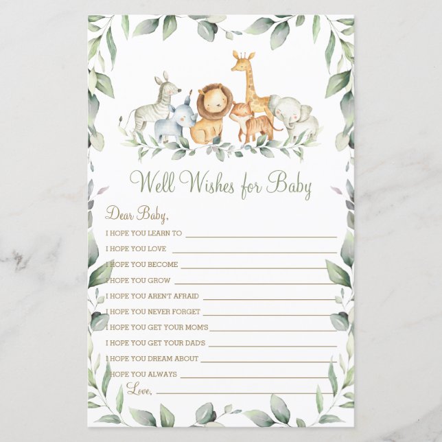 Jungle Animals Greenery Well Wishes for Baby Game (Front)