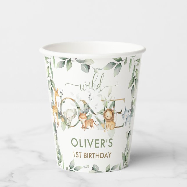 Jungle Animals Greenery Wild One 1st Birthday  Paper Cups (Front)