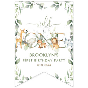 Jungle Animals Greenery Wild One Happy Birthday Bunting Flags