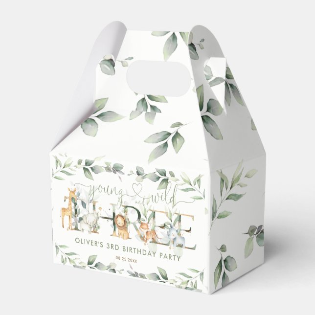 Jungle Animals Greenery Young Wild 3rd Birthday Favor Box (Front Side)