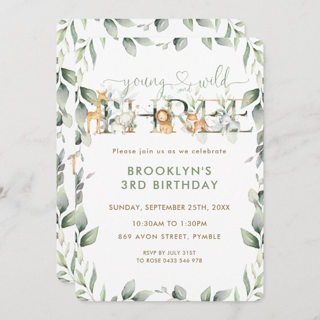 Jungle Animals Greenery Young Wild and Three Invitation (Front/Back)