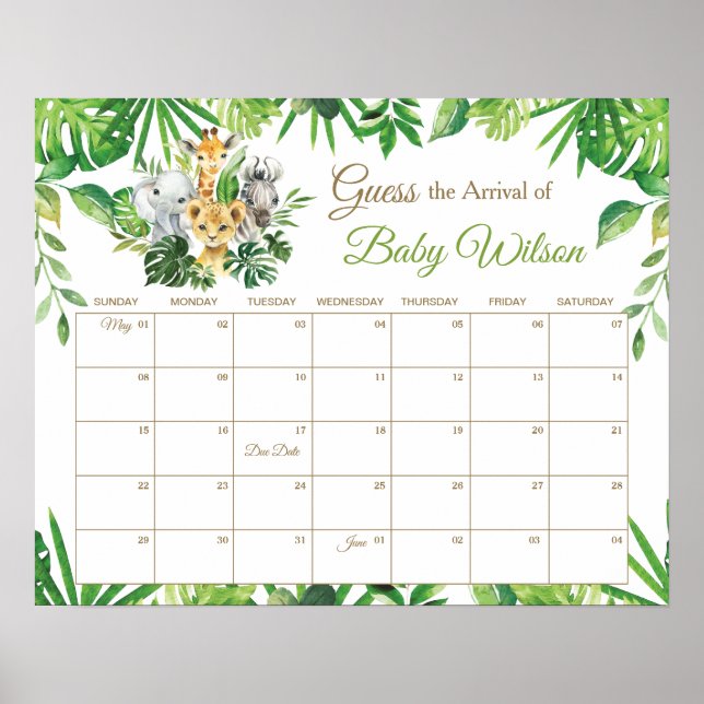 Jungle Animals Guess Baby's Due Date Game Sign (Front)