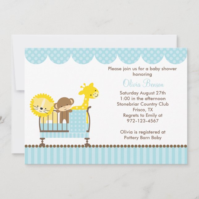 Jungle Animals in a Crib (Blue) Invitations (Front)