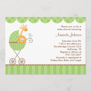 Jungle Animals in Green Stroller Invitations