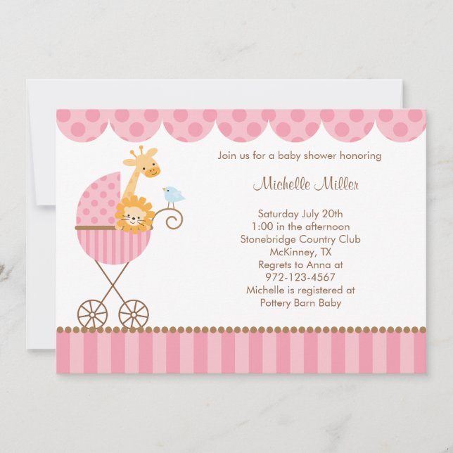Jungle Animals in Pink Stroller Invitations (Front)