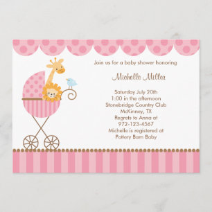 Jungle Animals in Pink Stroller Invitations