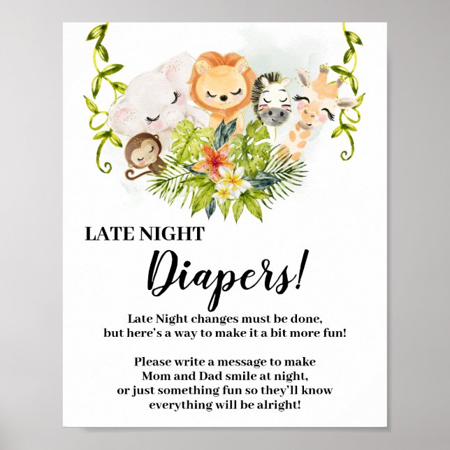 Jungle Animals Late Night Diapers Baby Shower sign (Front)