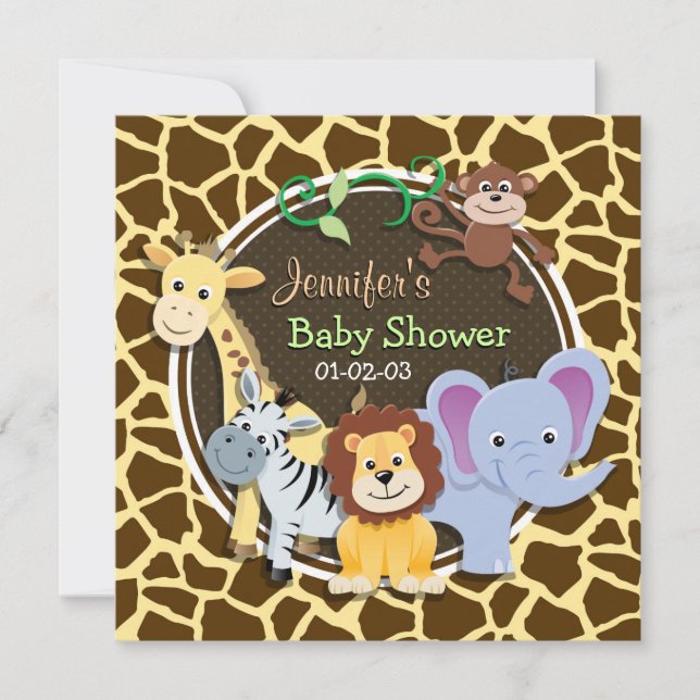 Jungle Animals on Brown Giraffe Animal Print Invitation (Front)