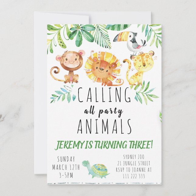 Jungle animals party invitation (Front)