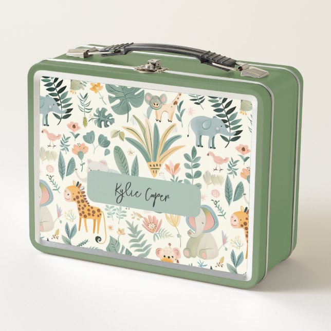 Jungle Animals Pastels Back To School Custom Kids' Metal Lunch Box (Front)