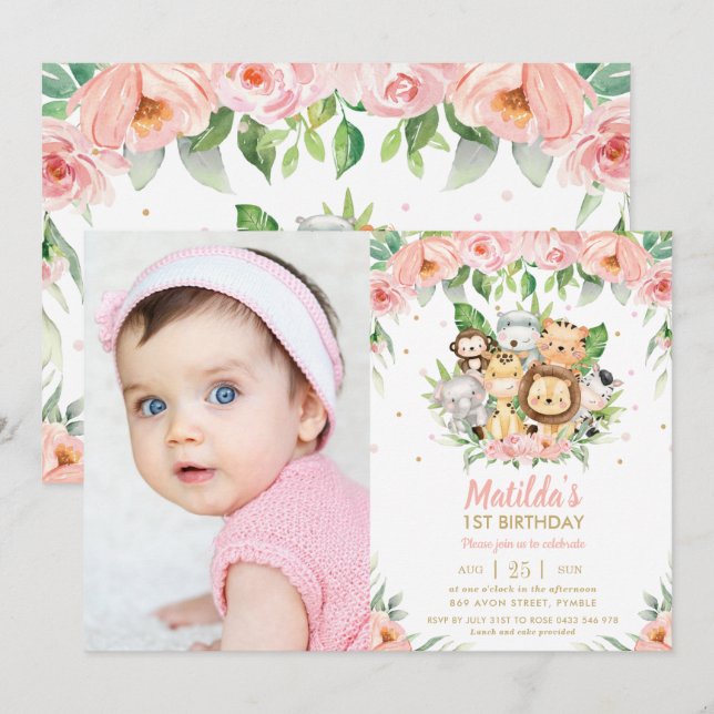 Jungle Animals Pink Floral 1st Birthday Photo Invitation (Front/Back)
