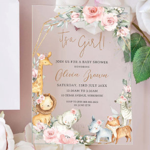 Jungle Animals Pink Floral Girl Baby Shower  Acrylic Invitations