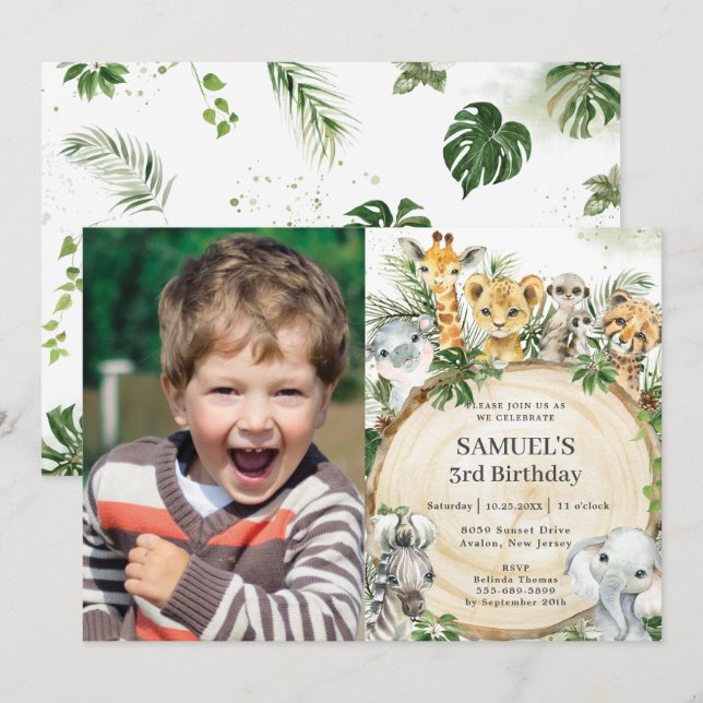 Jungle Animals Rustic Wood Slice Birthday Photo Invitation (Front/Back)
