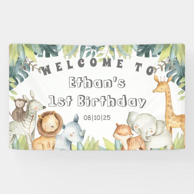 Jungle animals Safari 1st birthday Welcome party Banner (Horizontal)
