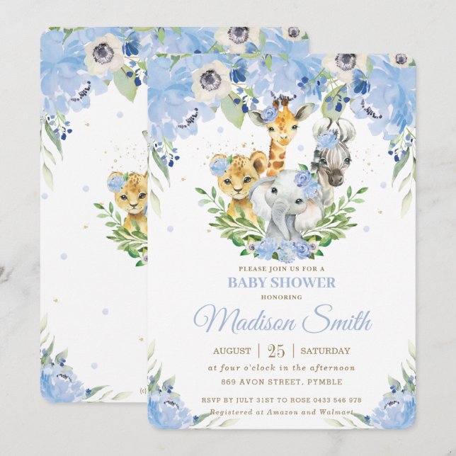 Jungle Animals Safari Blue Floral Baby Shower Invitation (Front/Back)