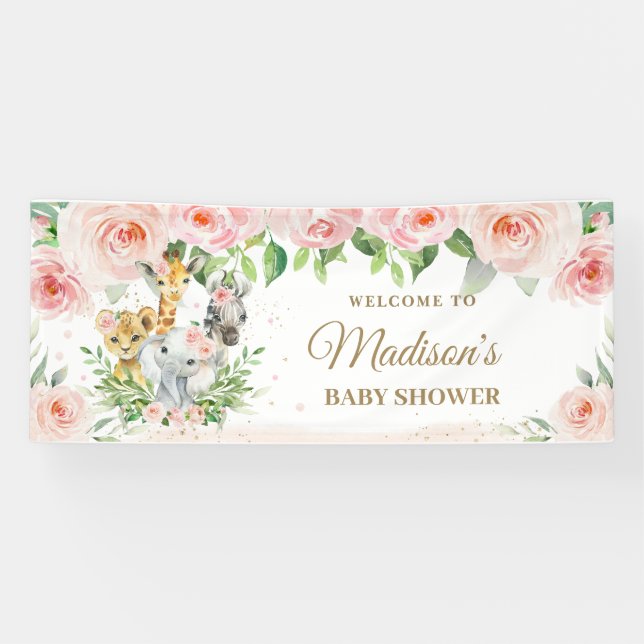 Jungle Animals Safari Blush Pink Floral Backdrop Banner (Horizontal)