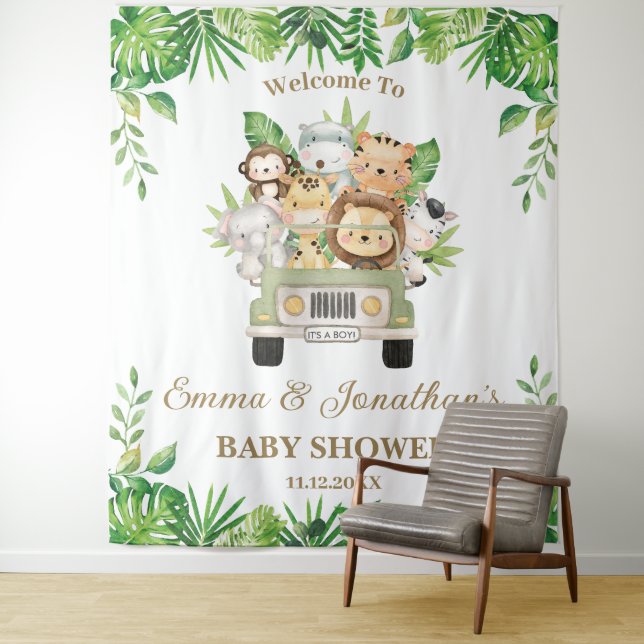 Jungle Animals Safari Car Baby Shower Backdrop Tapestry (In Situ)
