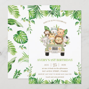 Jungle Animals Safari Car Greenery 1st Birthday Invitation