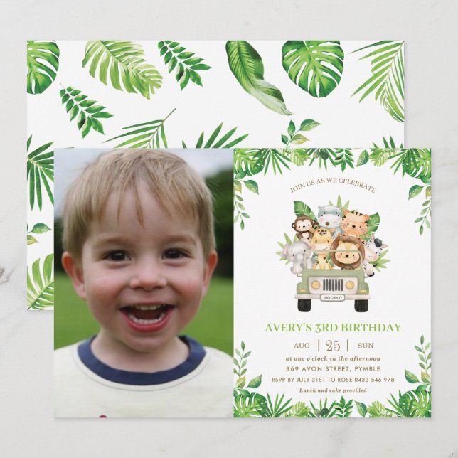 Jungle Animals Safari Car Greenery Birthday Photo Invitation (Front/Back)