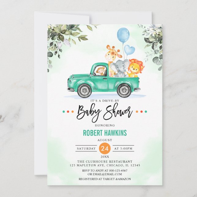 Jungle Animals Safari Drive By Baby Shower Invitation (Front)